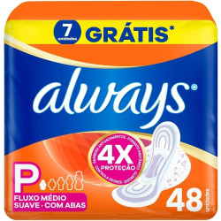 ABSORVENTE ALWAYS DIA SUAVE COM ABAS FLUXO MEDIO TAMANHO P COM 48 UNIDADES