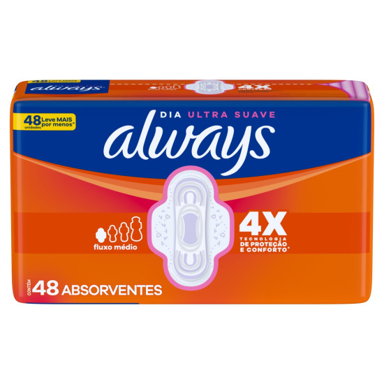 ABSORVENTE ALWAYS DIA ULTRA SUAVE COM ABAS FLUXO MEDIO COM 48 UNIDADES