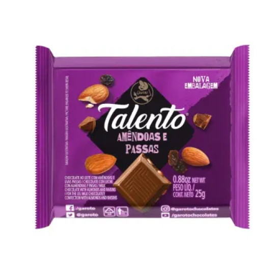CHOCOLATE GAROTO TALENTO AMENDOAS E PASSAS 25G