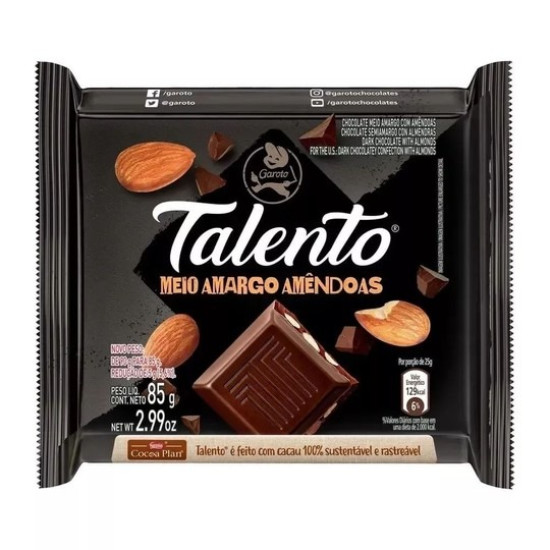 CHOCOLATE GAROTO TALENTO MEIO AMARGO COM AMENDOAS 85G