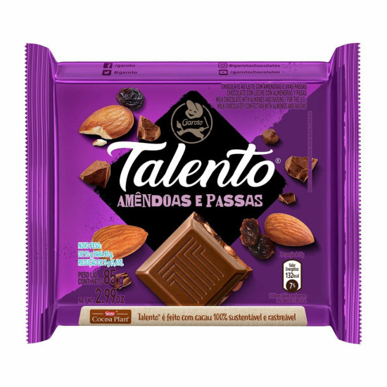 CHOCOLATE GAROTO TALENTO AMENDOAS E PASSAS 85G