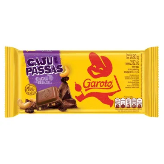 CHOCOLATE GAROTO BARRA CAJU E PASSAS 80G