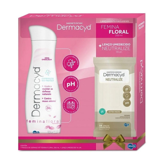 DERMACYD FEMINA FLORAL COM 200ML+LENCO INTIMO COM 16 UNIDADES