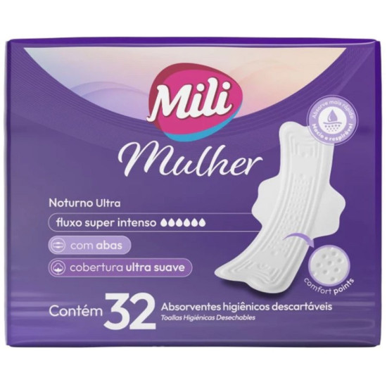 ABSORVENTE MILI NOTURNO ULTRA SUAVE COM ABAS 32 UNIDADES