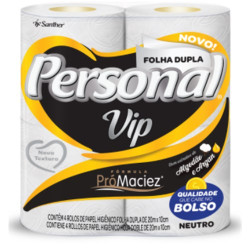 PAPEL HIGIENICO PERSONAL VIP NEUTRO FOLHA DUPLA 20MX10CM COM 4 ROLOS