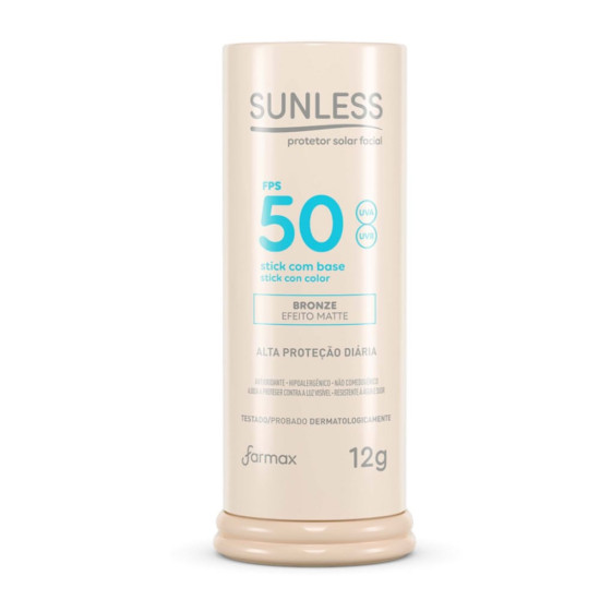 PROTETOR SOLAR FACIAL SUNLESSS STICK COM BASE BRONZE FPS 50 12G