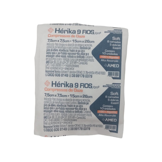 COMPRESSA DE GAZE HERIKA ESTERIL 7,5 X 7,5 9 FIOS COM 10 UND