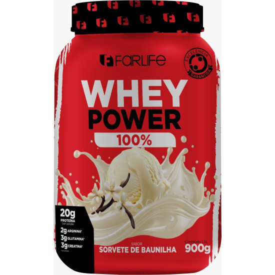 WHEY POWER BAUNILHA 100% COM 900G FARLIFE