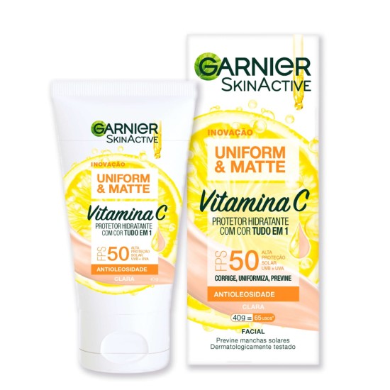 PROTETOR HIDRAT FACIAL GARNIER UNIFORM/MATTE VIT C FPS 50 COR CLARA 40G